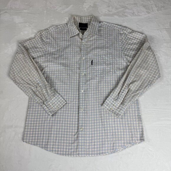 Faconnable Dress Shirt Mens L Blue Tan Checked Long Sleeve Button Up - Picture 1 of 10
